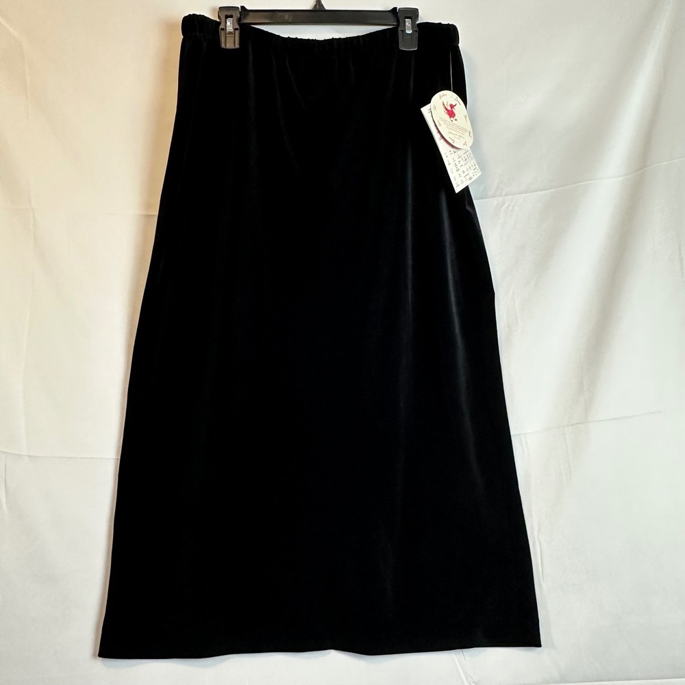 Quacker Factory Black Velour Midi Skirt Elastic Waist Back Slit Womens XL‎ NWT